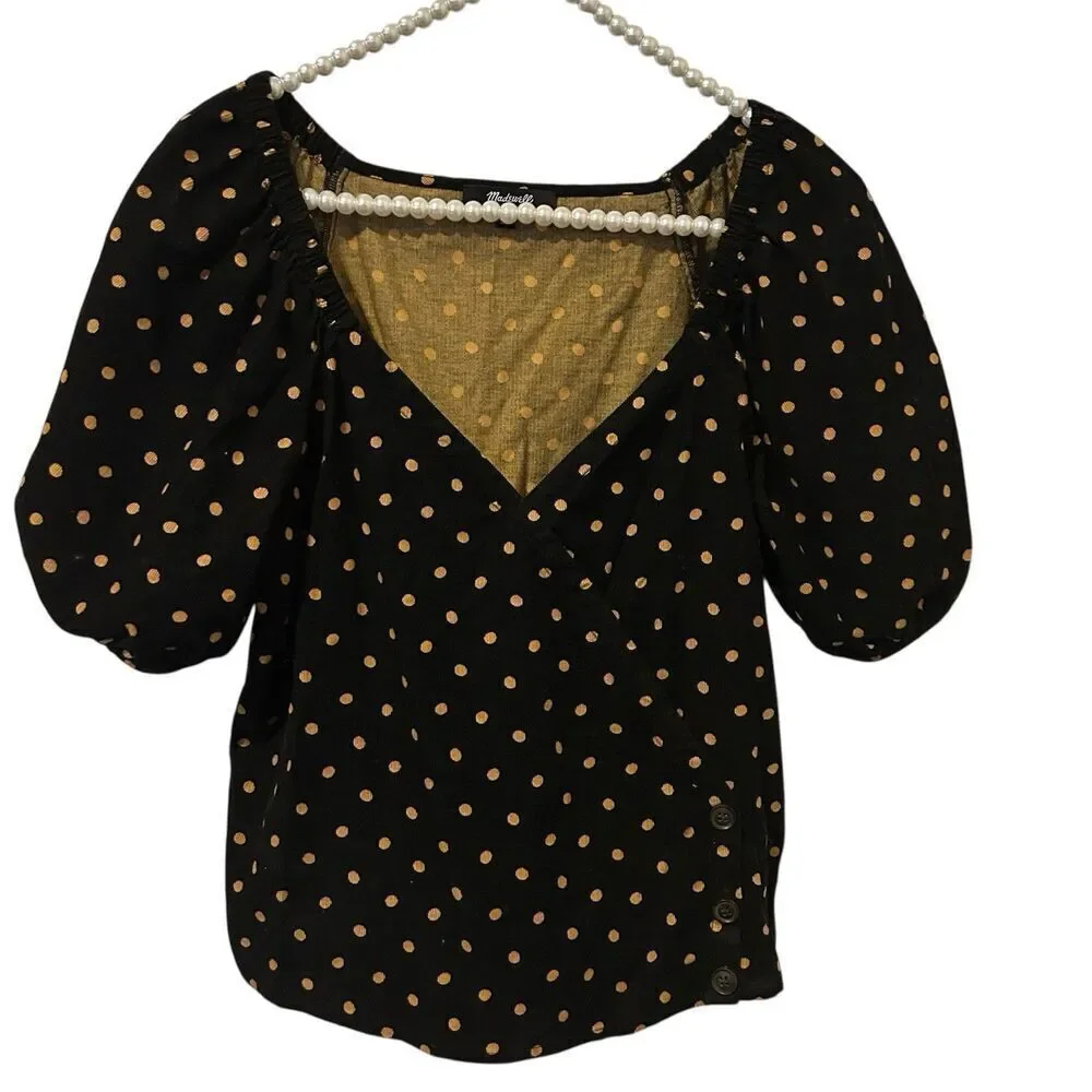 Madewell Top Womens Size XXS Corduroy Puff Sleeve Black Tan Polka Dot Romantic